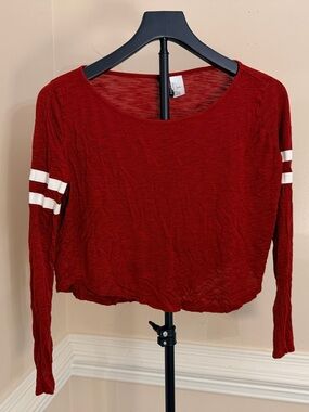 Divided Red Long-Sleeve Cropped Tee with White Sleeve Stripes